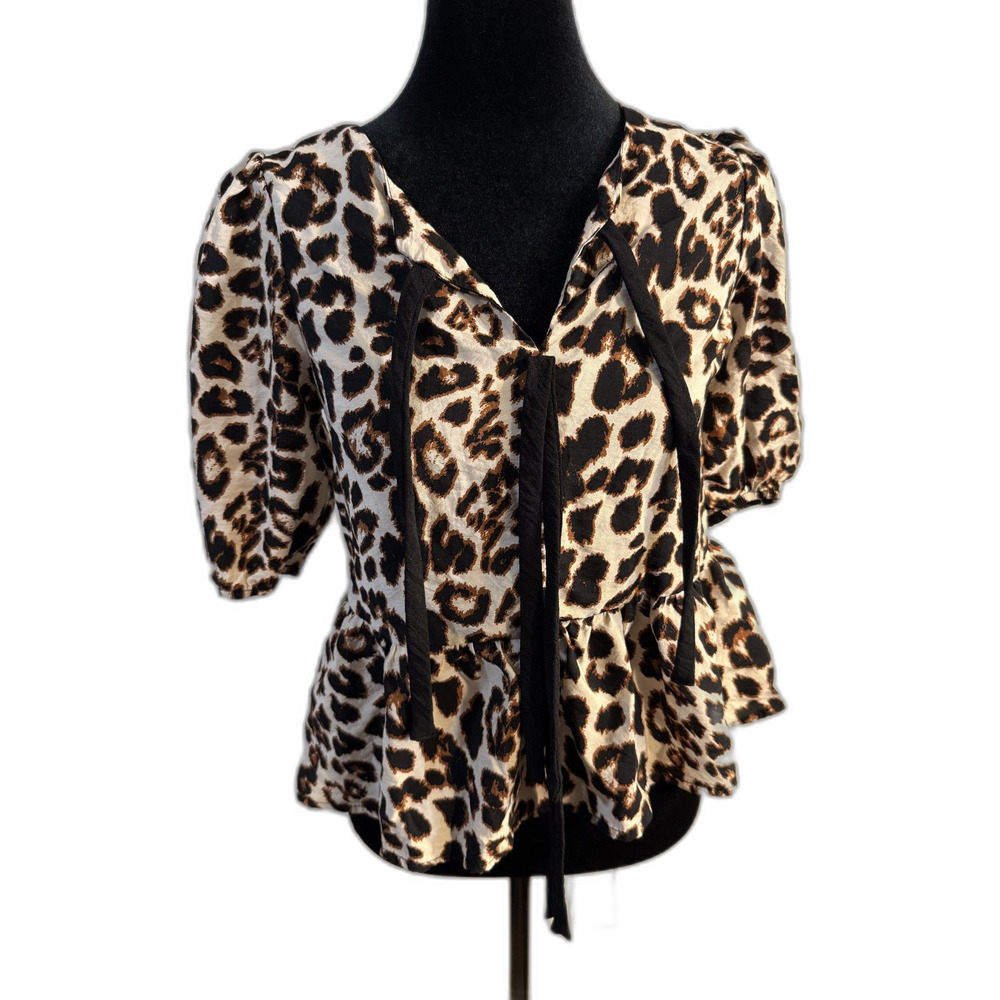 Monteau Leopard Print Puff Sleeve Peplum Top with Black Tie
